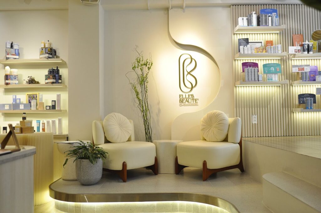 Modern reception area at a spa in Ho Chi Minh City with elegant and tranquil design